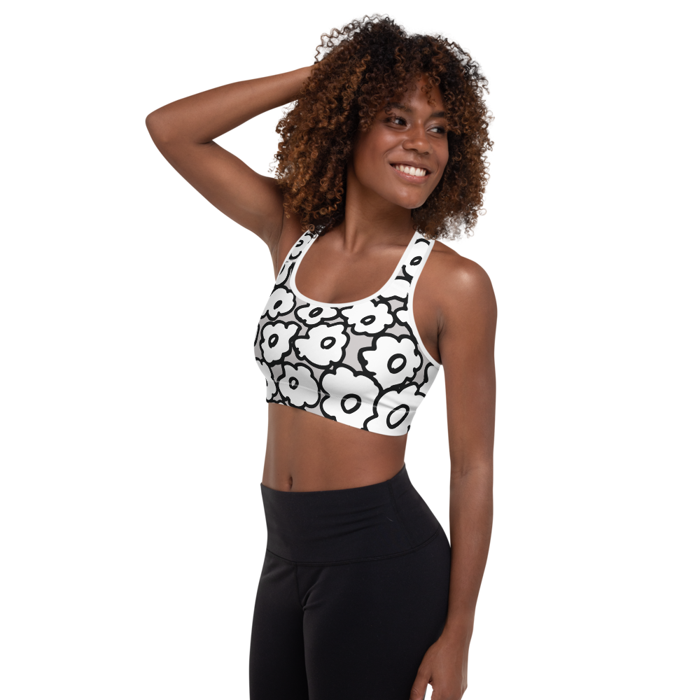 Happy White Flowers | Padded Sports Bra