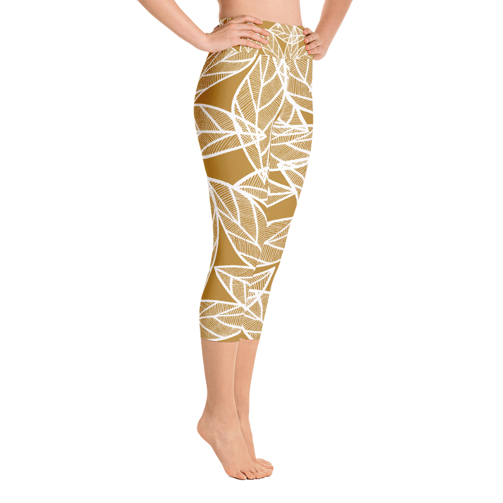 White Leaves on Gold | Yoga Capri Leggings