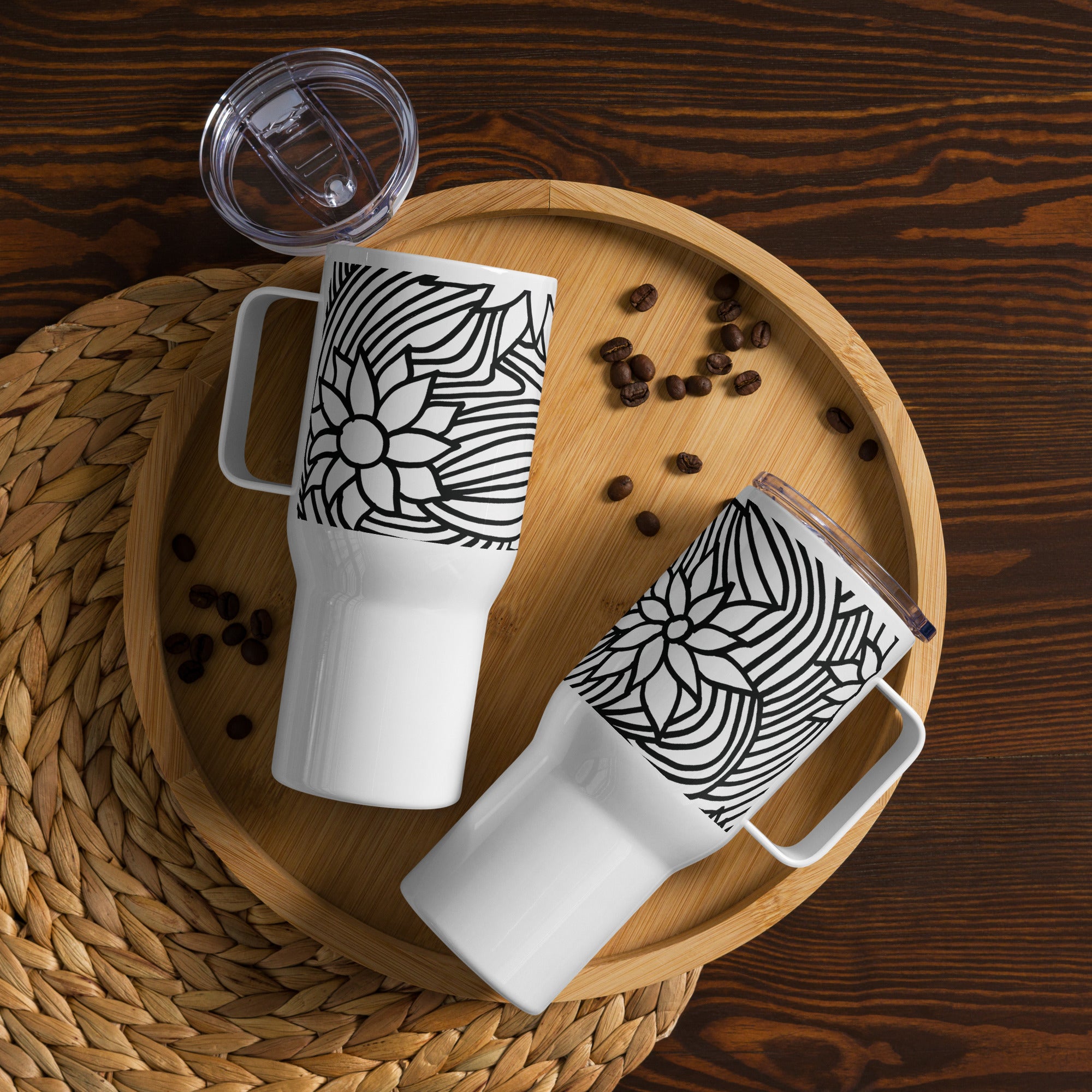 Black And White Flower Ornament | Travel mug with a handle