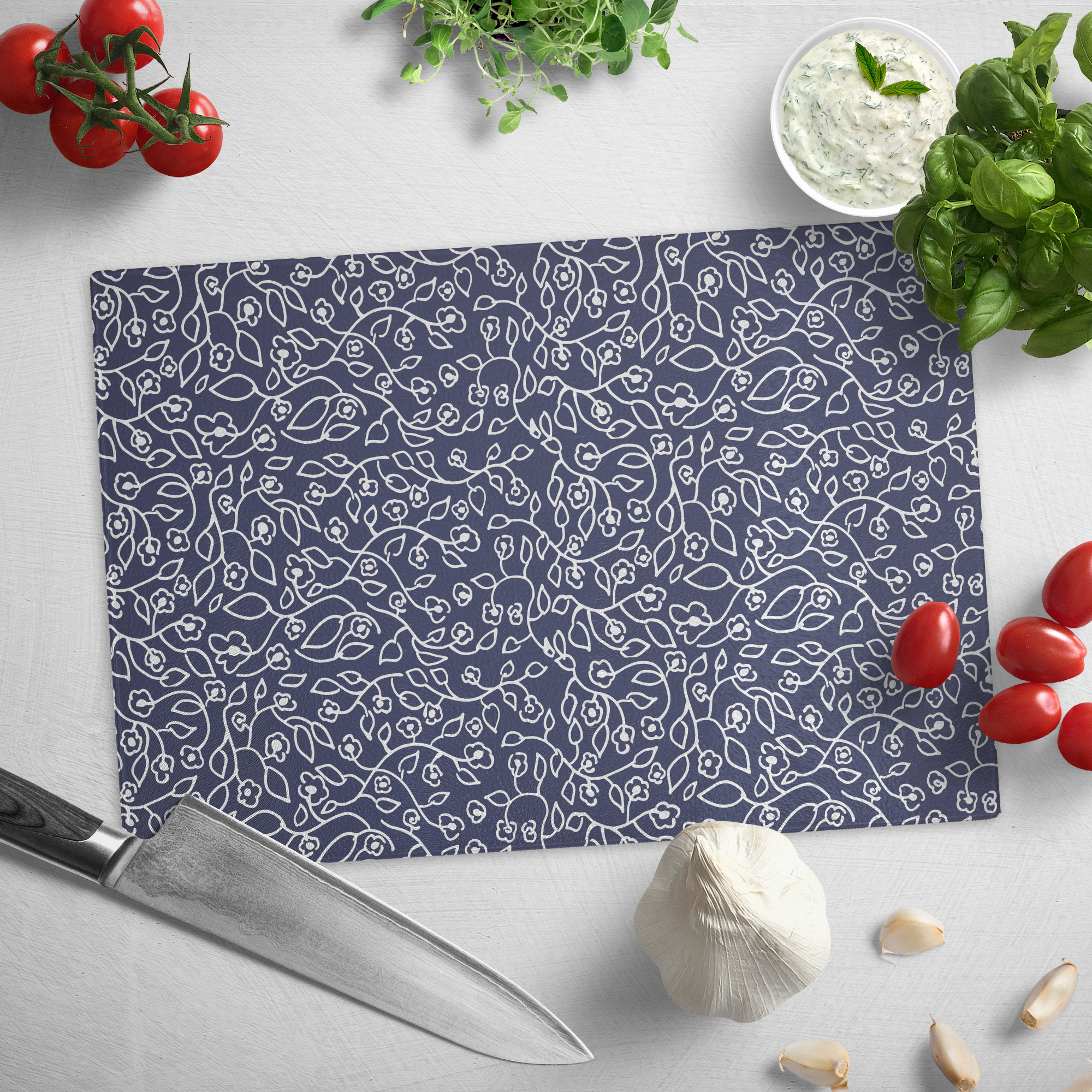 White Small Flowers | Glass Cutting Board