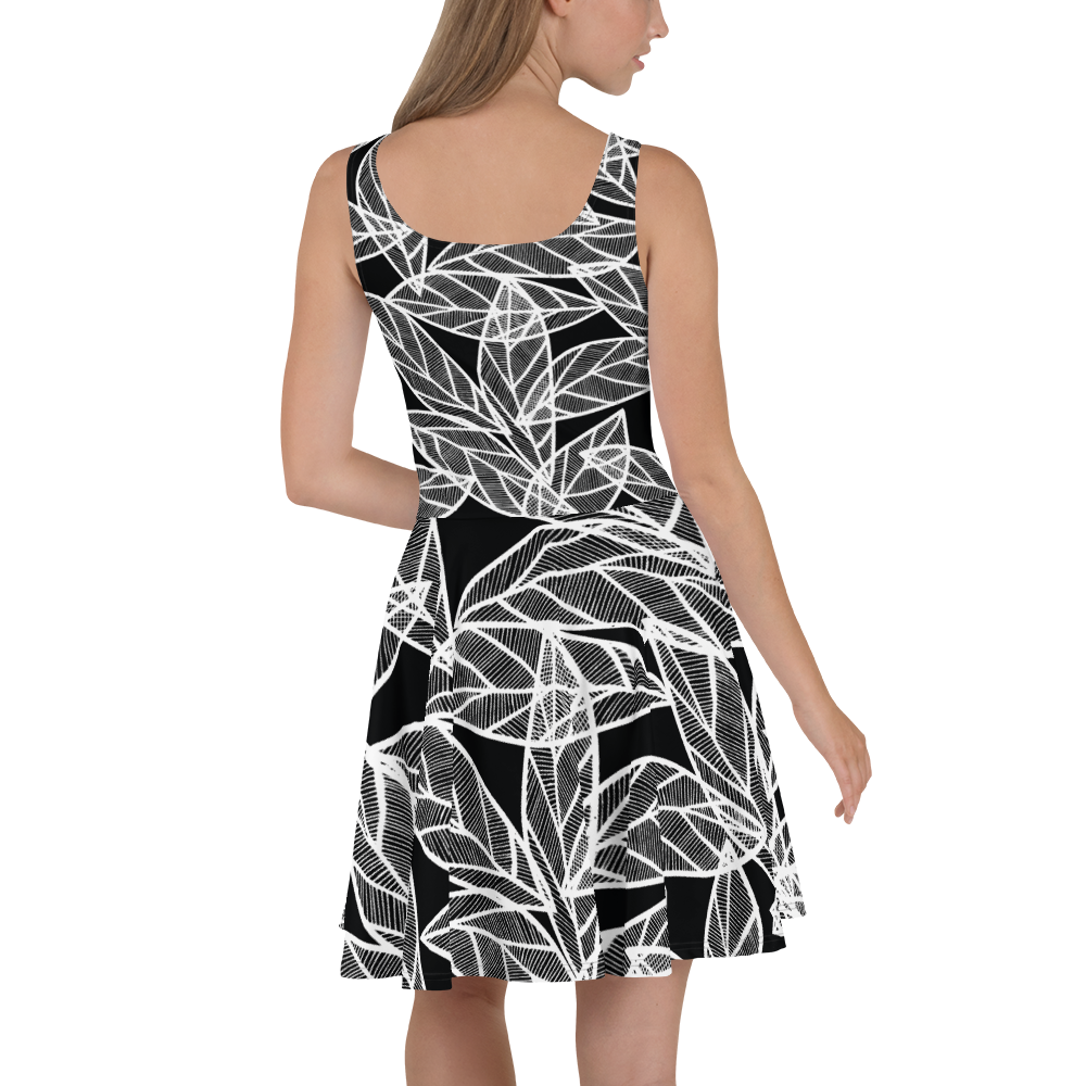White Leaves on Black | Skater Dress