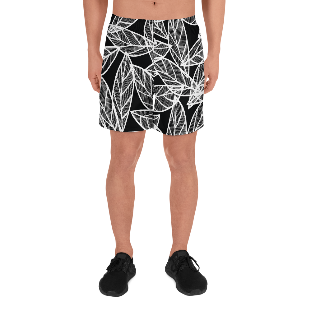 White Leaves on Black | Men's Athletic Long Shorts