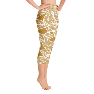 White Leaves on Gold | Yoga Capri Leggings