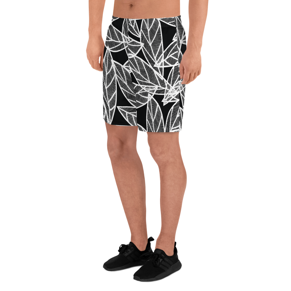 White Leaves on Black | Men's Athletic Long Shorts