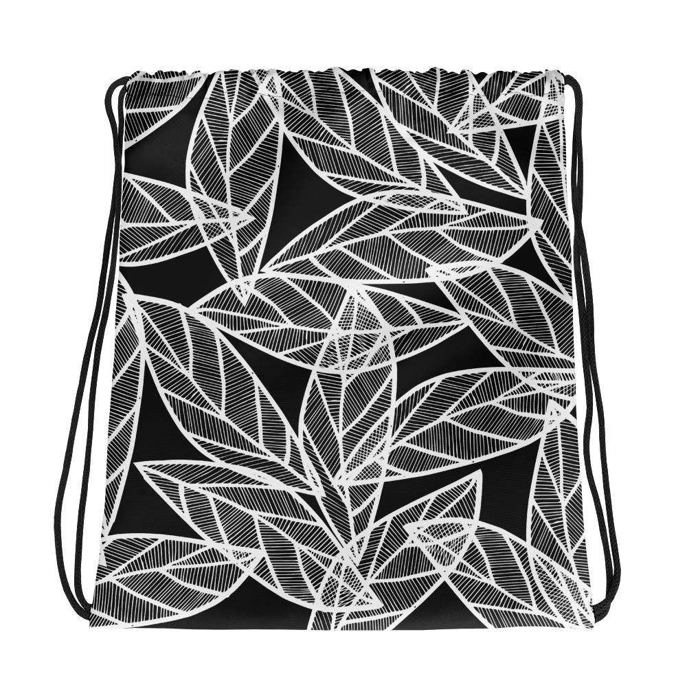 White Leaves on Black | Drawstring Bag