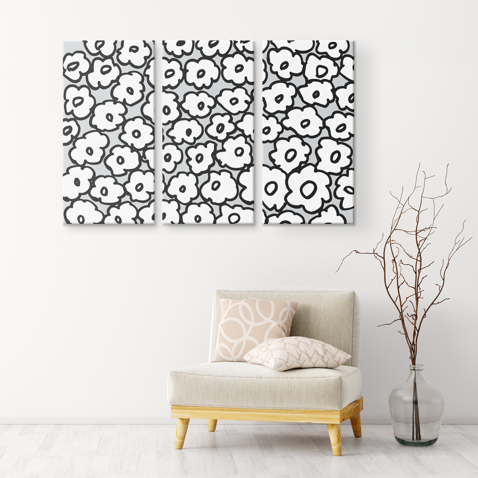 Happy White Flowers | 3 Piece Canvas