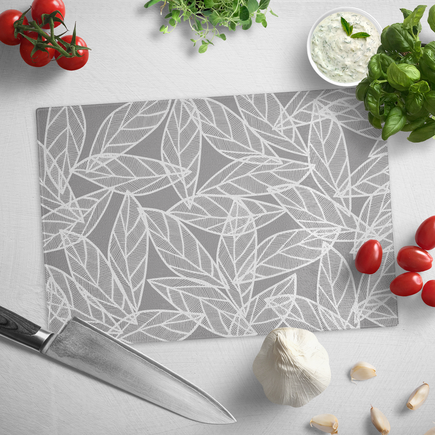 Messy White Leaves | Glass Cutting Board